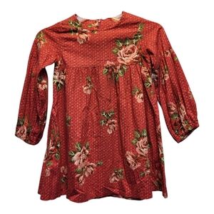 Kids Red Casual Floral Dress with Empire Waist and Bishop Sleeves - Size 11